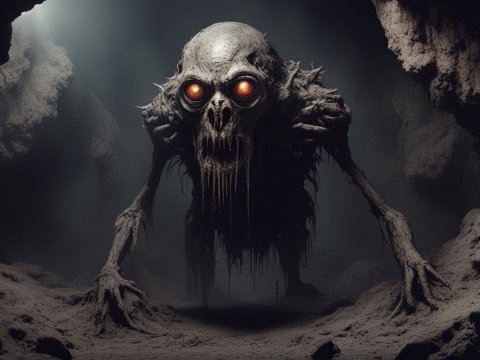 Dark Creature with Glowing Eyes in a Cave