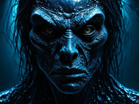 Dark Creature with Intense Stare in Blue Lighting