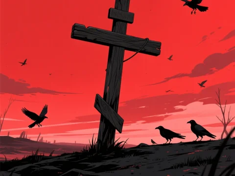 Dark Cross Silhouette Against Red Sky with Crows