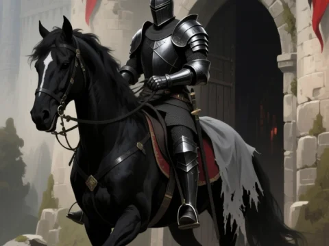 Dark Crusader Knight on Black Horse at Castle Gate