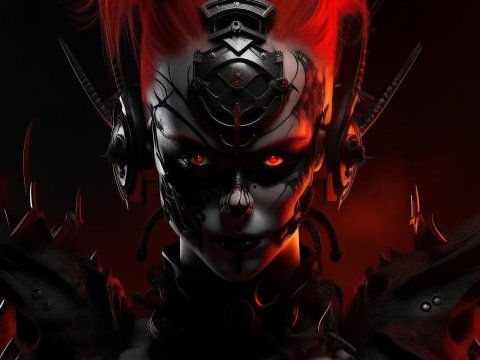 Dark Cybernetic Demon with Fiery Red Eyes