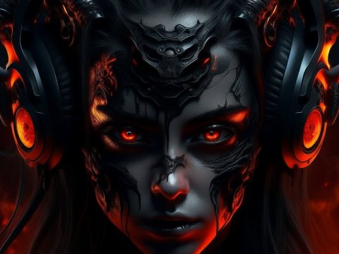 Dark Cybernetic Demon Woman with Fiery Eyes and Headphones
