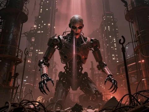 Dark Cybernetic Horror Robot in Dystopian Cityscape