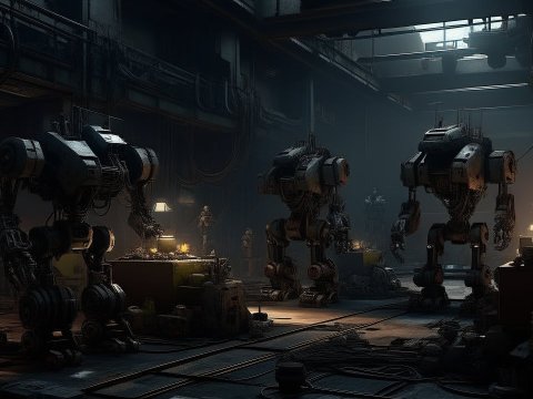 Dark Cyberpunk Factory with Giant Robots