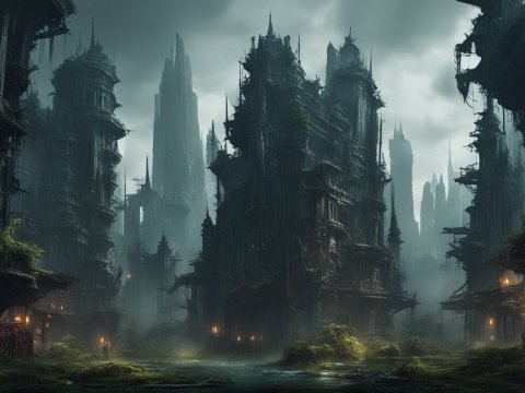 Dark Cyberpunk Fantasy Cityscape at Dusk