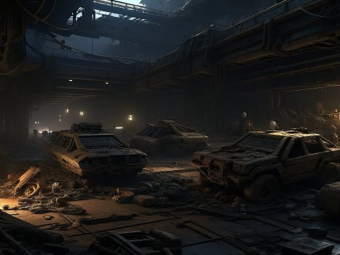 Dark Cyberpunk Junkyard with Abandoned Vehicles