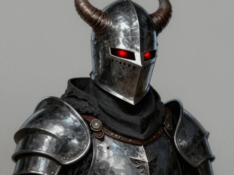 Dark Demon Knight with Glowing Red Eyes in Horned Helmet