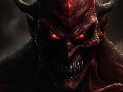 Dark Demon with Glowing Red Eyes and Horns