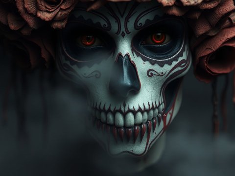 Dark Dia de los Muertos Skull with Red Roses