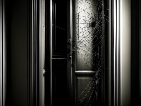 Dark Door with Cracked Glass and Spider Web