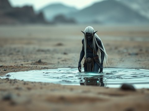 Dark Elf Emerging from a Mystical Pool in a Desert