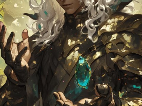 Dark Elf Mage with Floating Crystal in Enchanted Forest