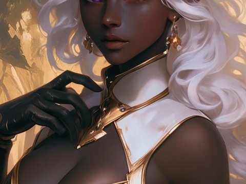 Dark Elf Sorceress with White Hair and Purple Eyes