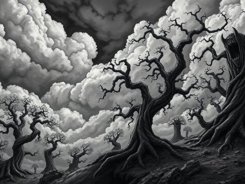 Dark Enchanted Forest with Twisted Trees Under Stormy Skies