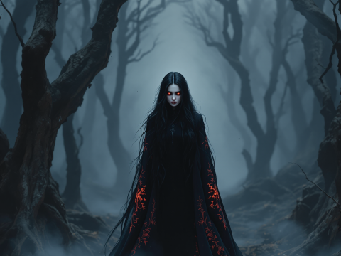 Dark Enchantress in a Misty Haunted Forest