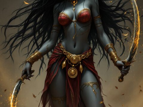 Dark Enchantress with Glowing Eyes and Twin Blades