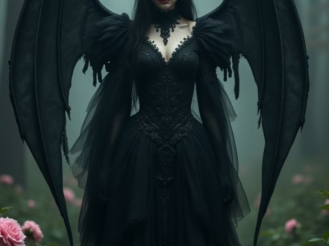 Dark Enchantress with Horns and Wings in Mystical Forest