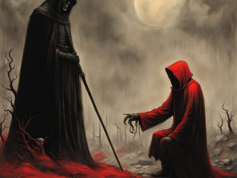 Dark Encounter Between Hooded Figures Under Full Moon