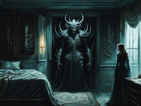 Dark Encounter with a Horned Demon in Gothic Bedroom