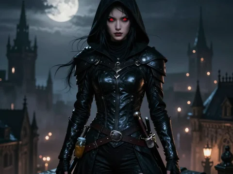 Dark Fantasy Assassin with Red Eyes Under Full Moon