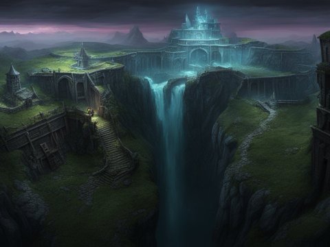 Dark Fantasy Fortress Over a Deep Chasm with Waterfall