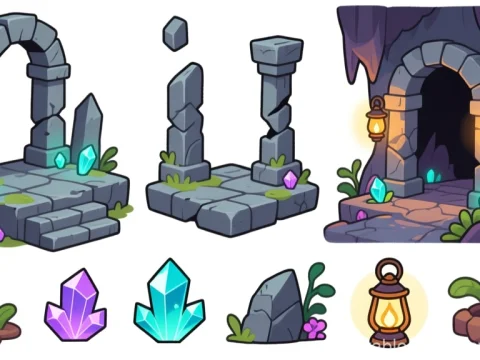 Dark Fantasy Game Environment Elements with Crystals and Lanterns