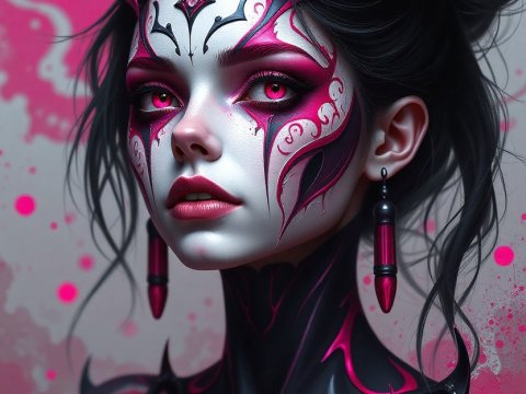 Dark Fantasy Portrait of a Horned Woman with Neon Pink Accents