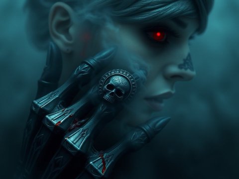 Dark Fantasy Portrait with Red-Eyed Woman and Skull Ring