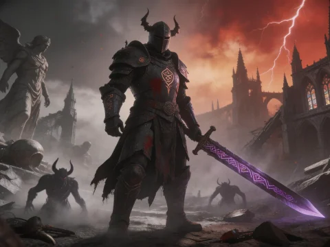 Dark Fantasy Warrior with Enchanted Sword in Ruined Gothic Landscape