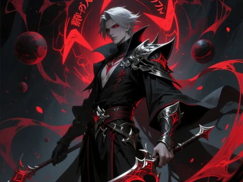 Dark Fantasy Warrior with Red Glowing Swords