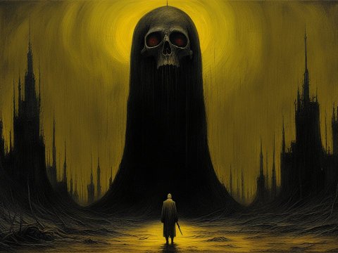 Dark Figure Facing a Giant Skull in a Dystopian Landscape