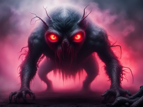 Dark Fog Creature with Glowing Red Eyes