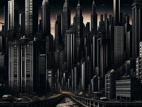 Dark Futuristic Cityscape at Dusk