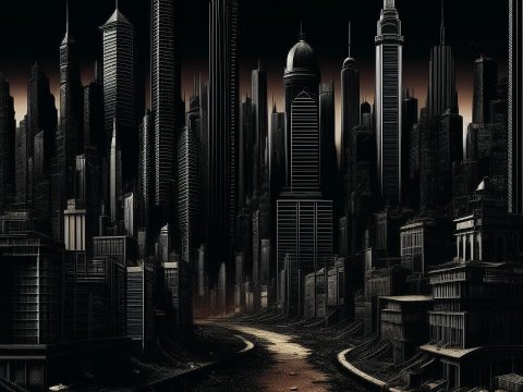 Dark Futuristic Cityscape at Dusk
