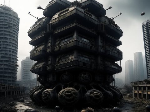Dark Futuristic Hive-Like Building in Abandoned Cityscape