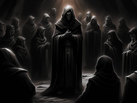 Dark Gathering of Hooded Figures in Shadowy Chamber
