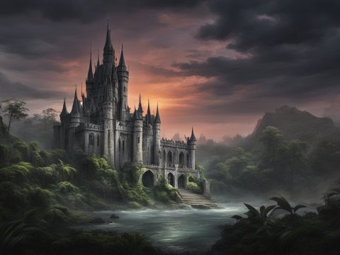 Dark Gothic Castle at Twilight in Misty Forest
