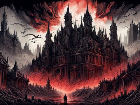 Dark Gothic City Engulfed in Fiery Chaos