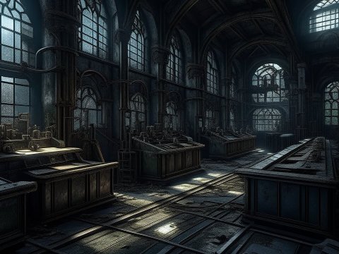 Dark Gothic Interior of an Abandoned Industrial Hall