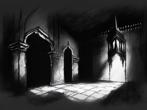 Dark Gothic Interior with Dramatic Light