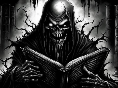Dark Grim Reaper Reading an Ancient Book