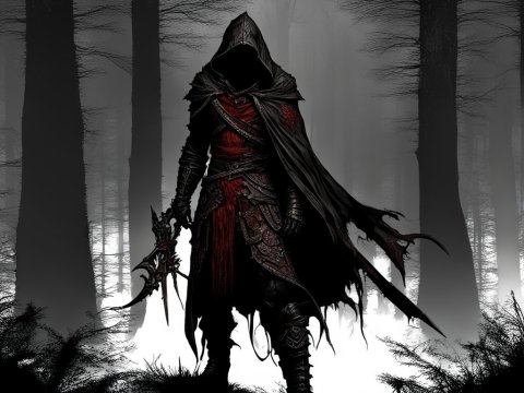 Dark Hooded Blood Hunter Assassin in Misty Forest