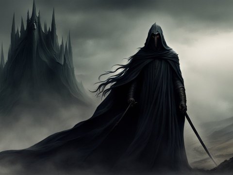 Dark Hooded Figure with Sword in Misty Landscape