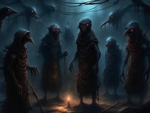 Dark Hooded Figures with Glowing Red Eyes in a Shadowy Forest