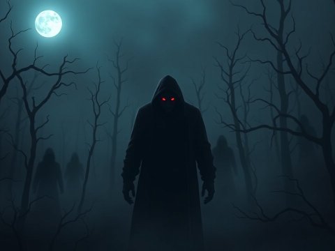 Dark Hooded Figures with Red Eyes in a Foggy Forest at Night