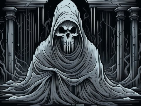 Dark Hooded Skeleton in Ancient Ruins