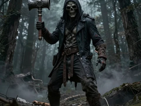 Dark Hooded Skeleton Warrior in Foggy Forest
