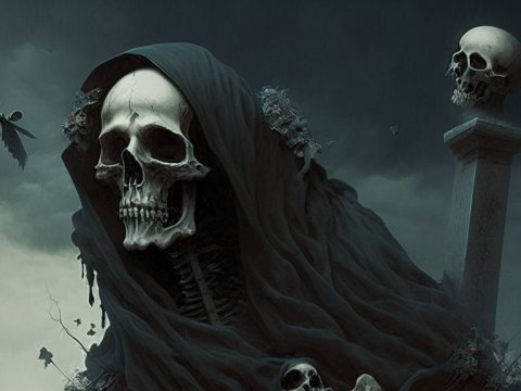 Dark Hooded Skeleton with Skull on Pedestal in Gloomy Atmosphere