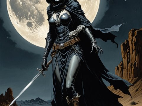 Dark Hooded Warrior Under a Full Moon