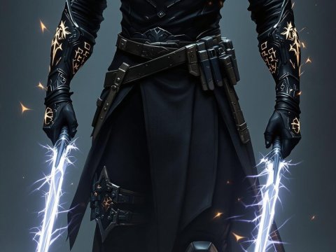 Dark Hooded Warrior with Electrified Blades
